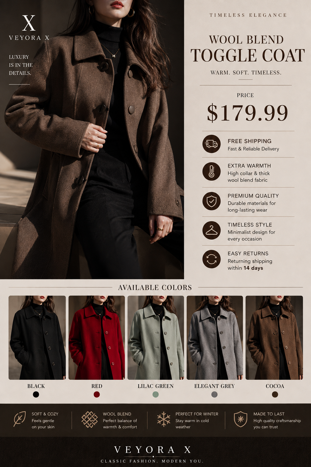 Feature-Focused): Women’s Premium Thick Wool Coat with Lace-Up Detail
