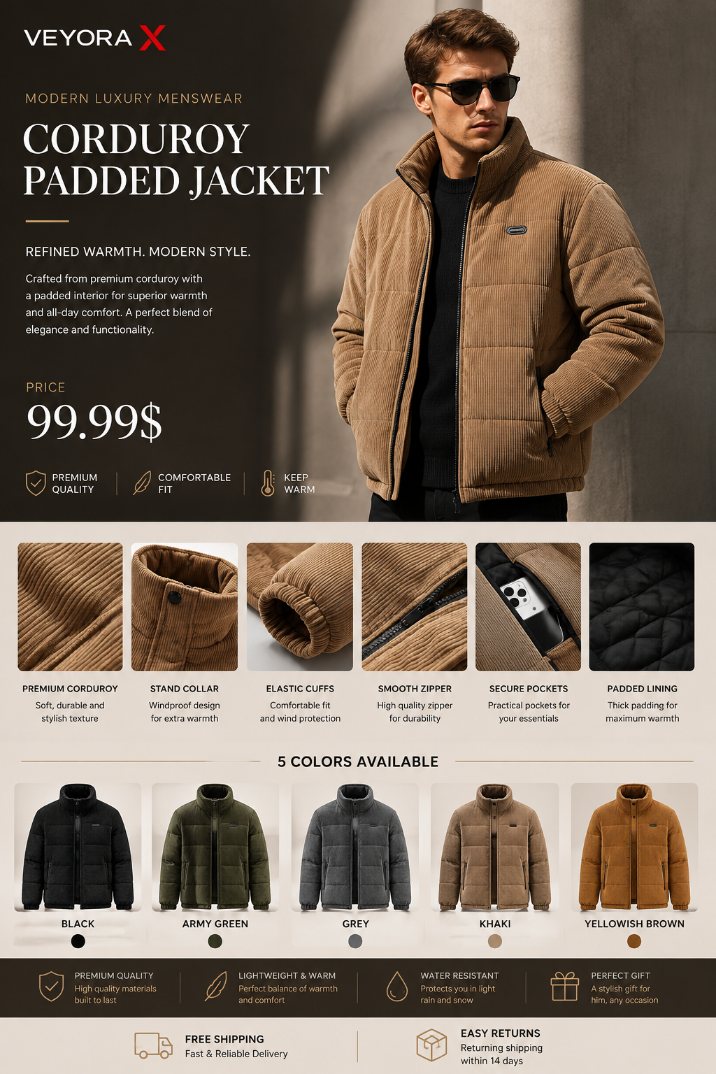 Corduroy Cotton-padded Jacket For Men Fleece-lined Warm And Breathable