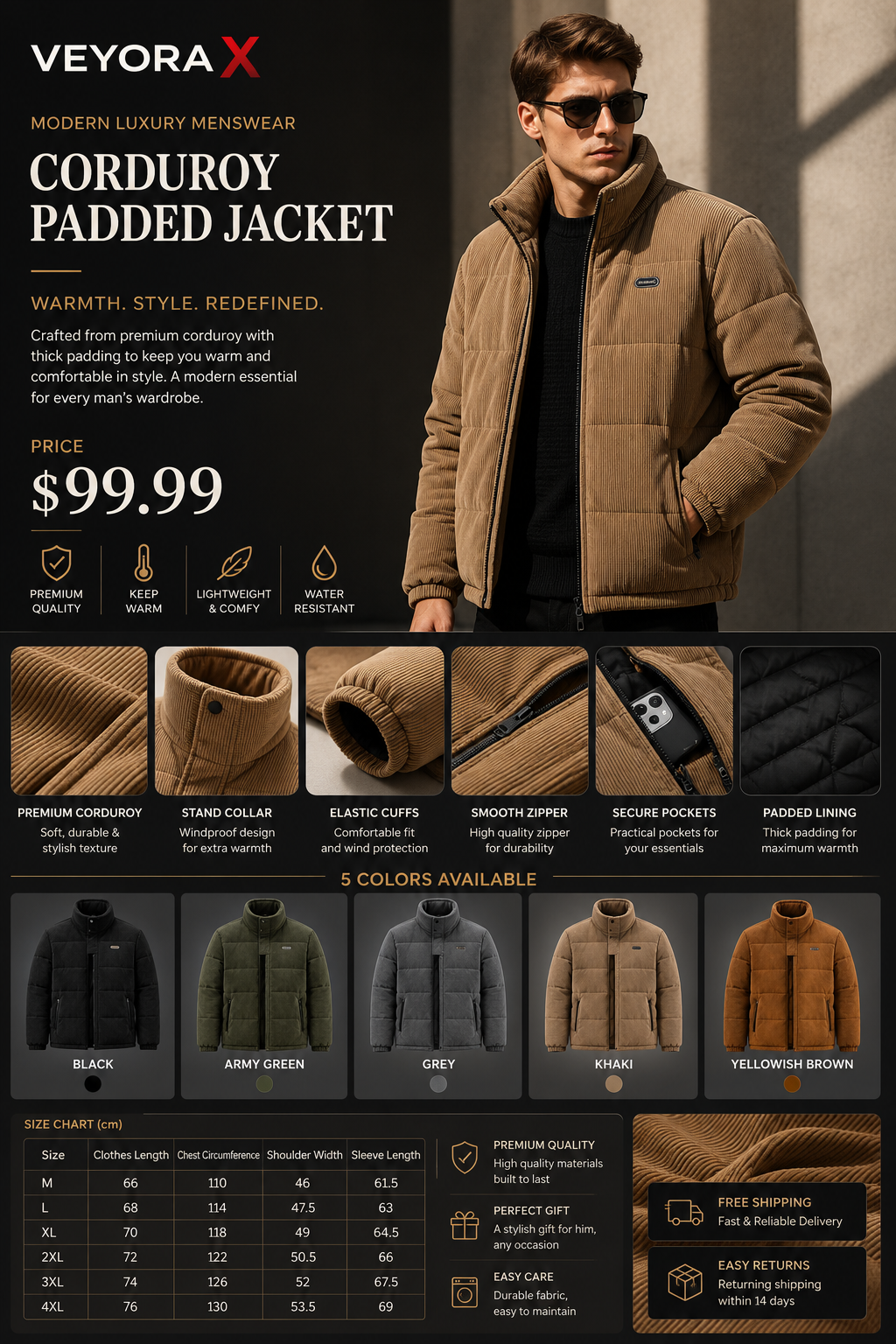 Corduroy Cotton-padded Jacket For Men Fleece-lined Warm And Breathable