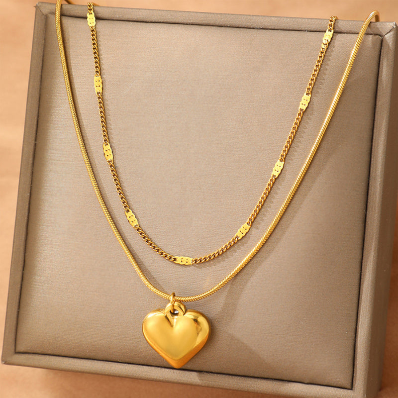Double Layered Gold Tone 3D Puffy Heart Pendant Necklace – Stainless Steel
