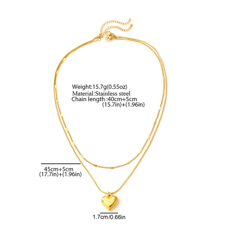 Double Layered Gold Tone 3D Puffy Heart Pendant Necklace – Stainless Steel