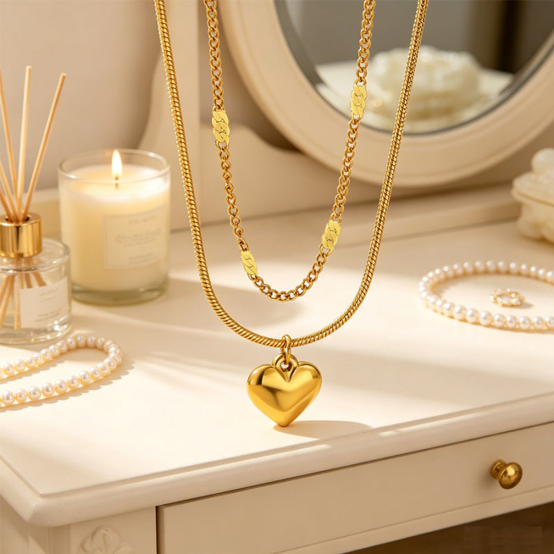Double Layered Gold Tone 3D Puffy Heart Pendant Necklace – Stainless Steel