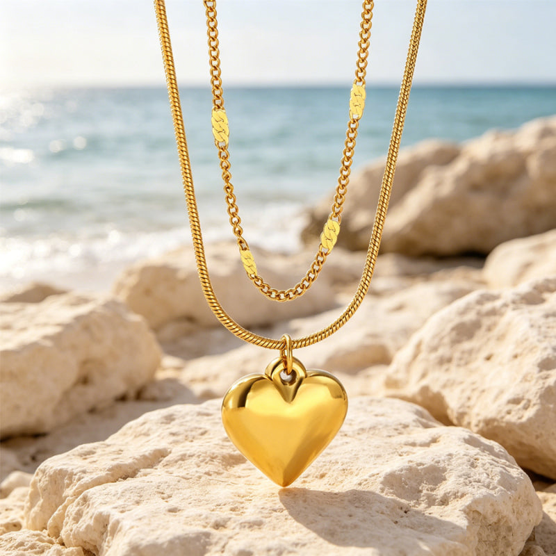 Double Layered Gold Tone 3D Puffy Heart Pendant Necklace – Stainless Steel