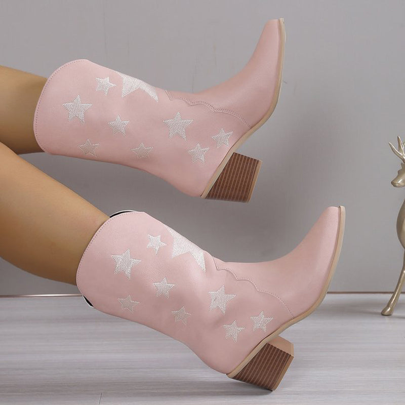 Women's Embroidered Knight Boots Winter Pointed Toe Chunky Heel Long Western Boots