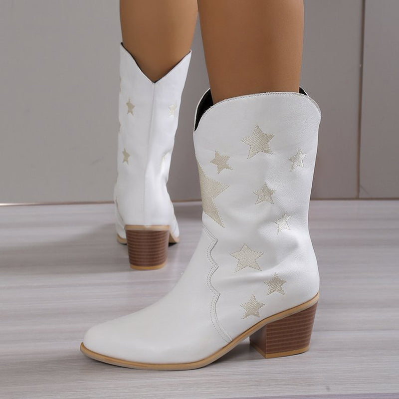 Women's Embroidered Knight Boots Winter Pointed Toe Chunky Heel Long Western Boots