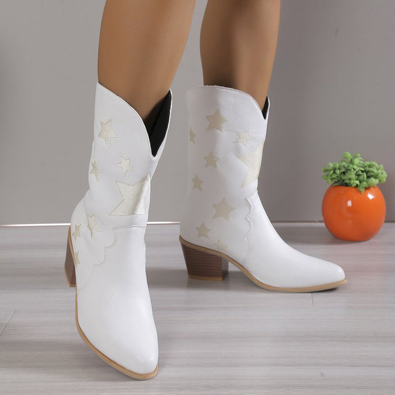 Women's Embroidered Knight Boots Winter Pointed Toe Chunky Heel Long Western Boots