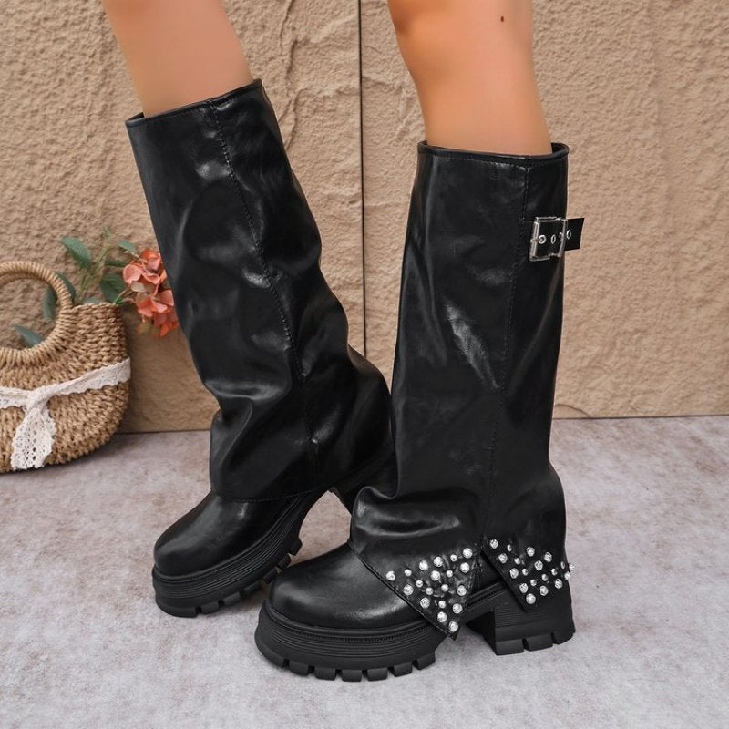 Women's Round Toe Retro Rivet Slouchy Knee-High Boots