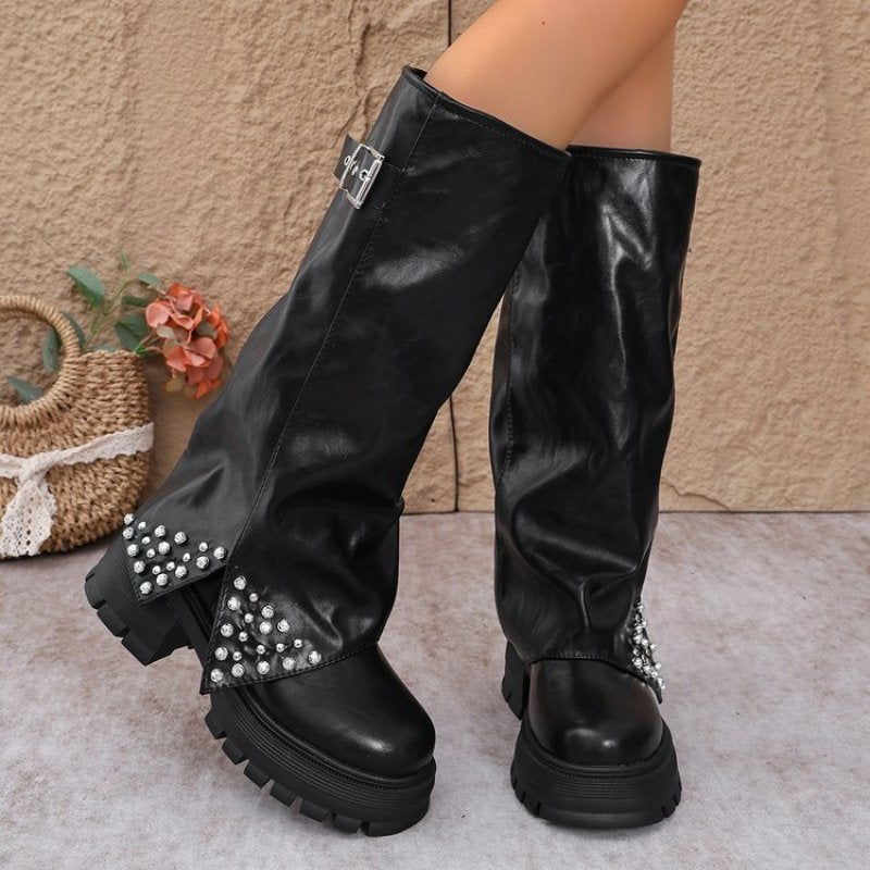 Women's Round Toe Retro Rivet Slouchy Knee-High Boots