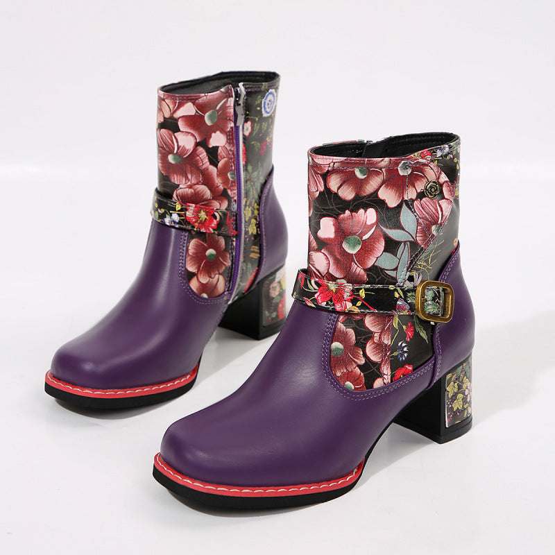 Women's Printed Stitching Round Head Thick Bottom Bootie