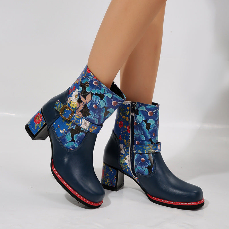 Women's Printed Stitching Round Head Thick Bottom Bootie