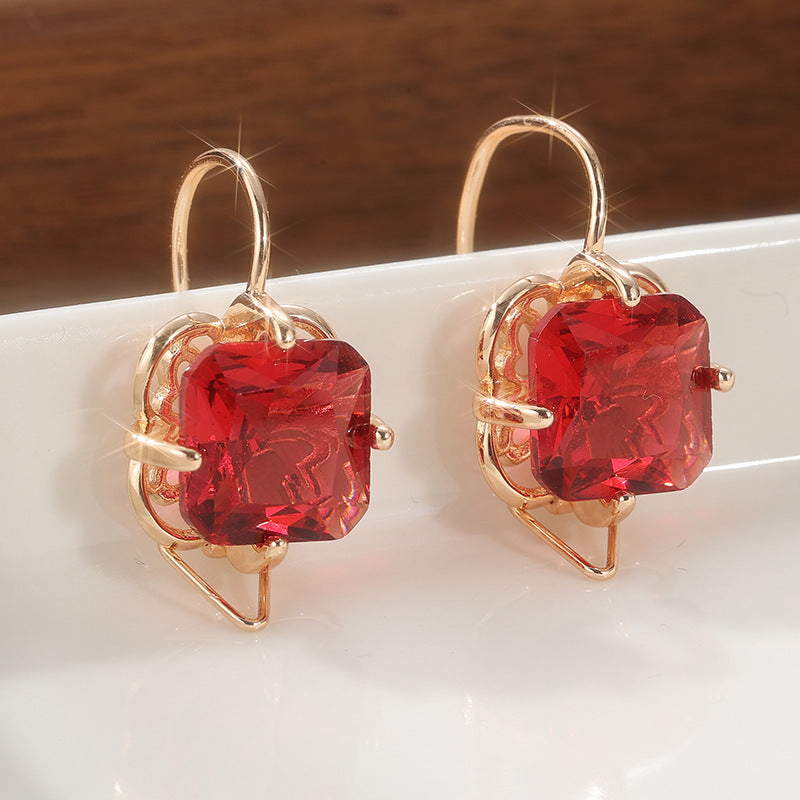 Elegant Red Crystal Drop Earrings Rose Gold Tone Brass Women Date Party Fashion Jewelry Romantic