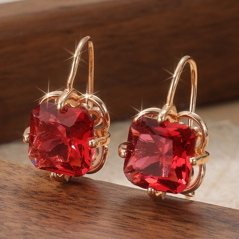Elegant Red Crystal Drop Earrings Rose Gold Tone Brass Women Date Party Fashion Jewelry Romantic