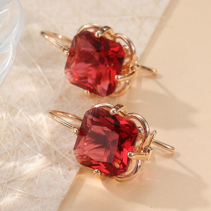 Elegant Red Crystal Drop Earrings Rose Gold Tone Brass Women Date Party Fashion Jewelry Romantic