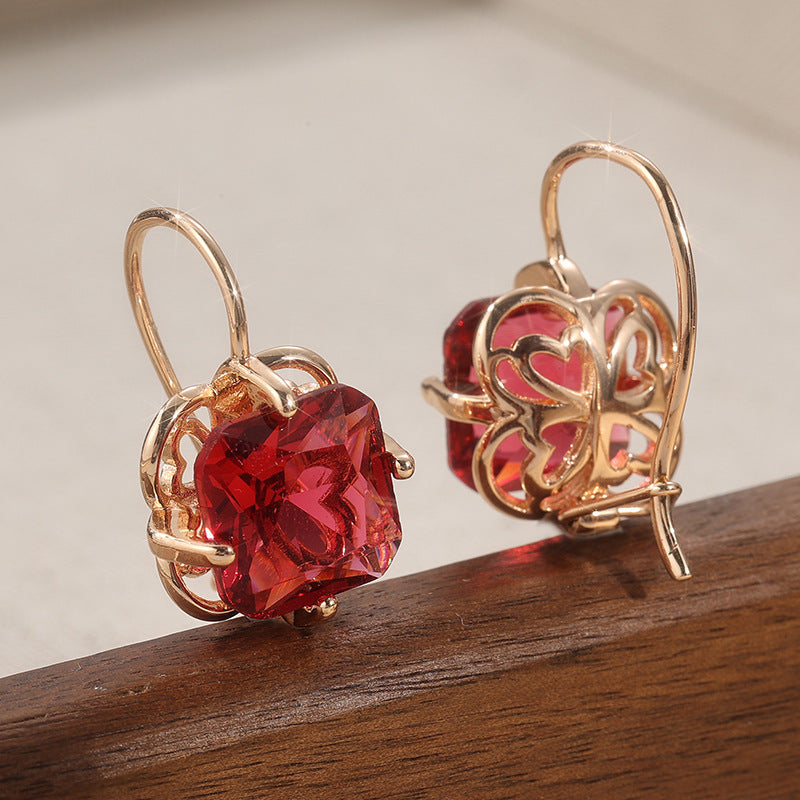 Elegant Red Crystal Drop Earrings Rose Gold Tone Brass Women Date Party Fashion Jewelry Romantic