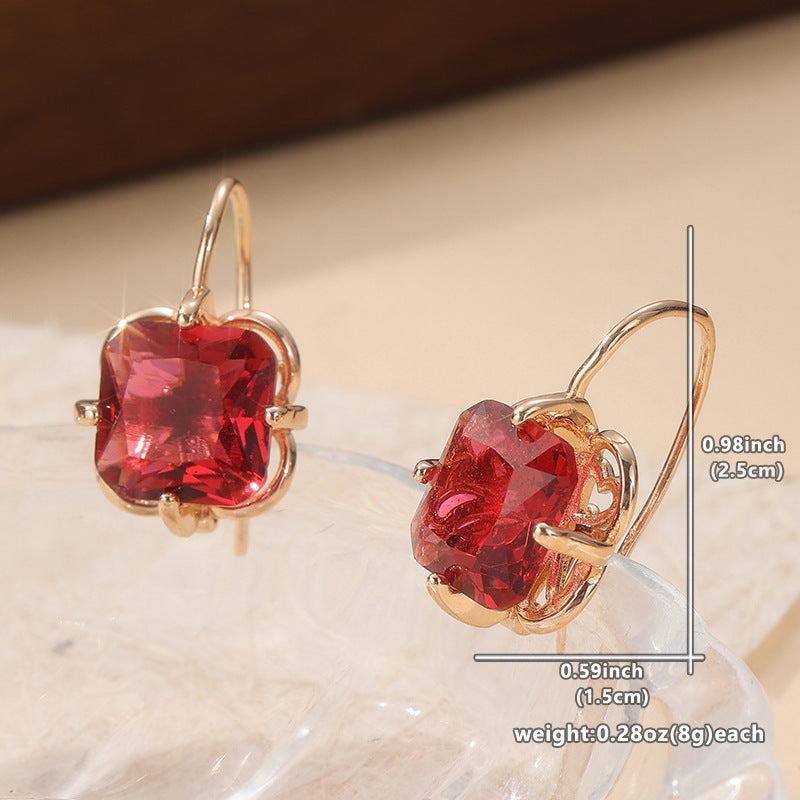 Elegant Red Crystal Drop Earrings Rose Gold Tone Brass Women Date Party Fashion Jewelry Romantic