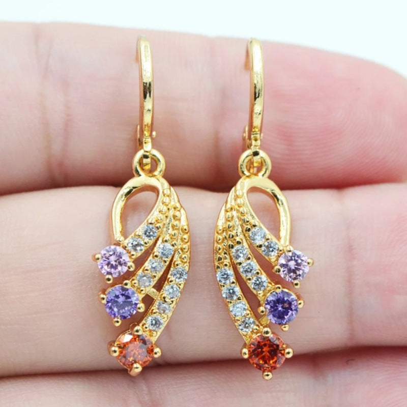 Colorful Crystal Leaf Drop Earrings Gold Tone Brass Women Elegant Party Fashion Jewelry Sparkling Versatile