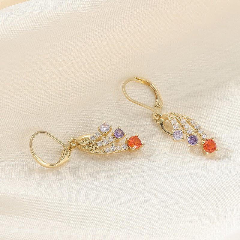 Colorful Crystal Leaf Drop Earrings Gold Tone Brass Women Elegant Party Fashion Jewelry Sparkling Versatile