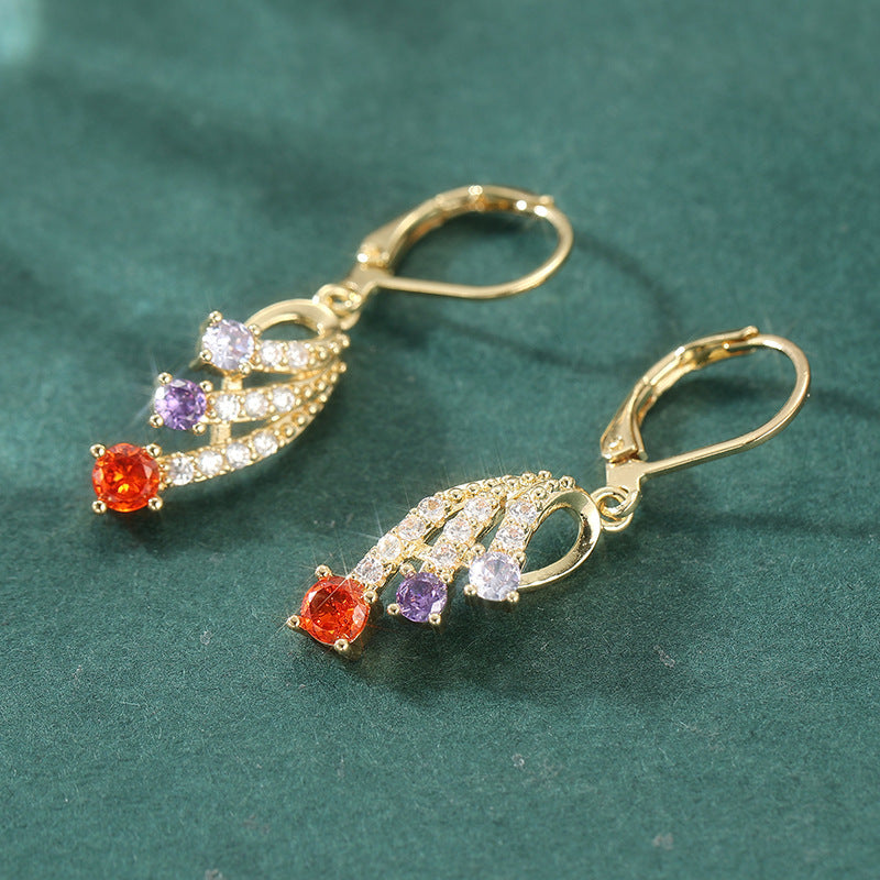 Colorful Crystal Leaf Drop Earrings Gold Tone Brass Women Elegant Party Fashion Jewelry Sparkling Versatile