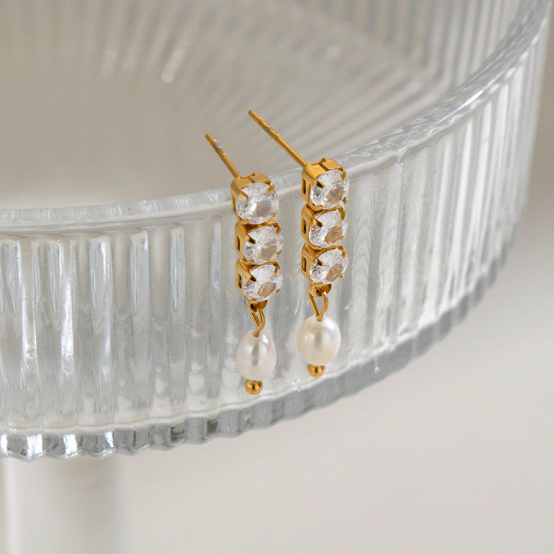 Zircon And Natural Pearl Pendant Earrings