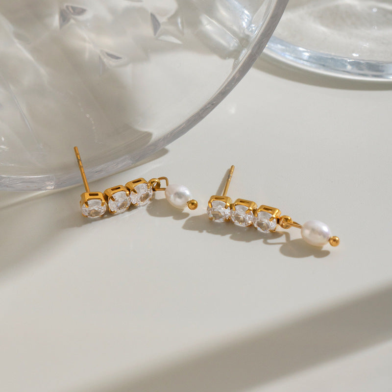 Zircon And Natural Pearl Pendant Earrings