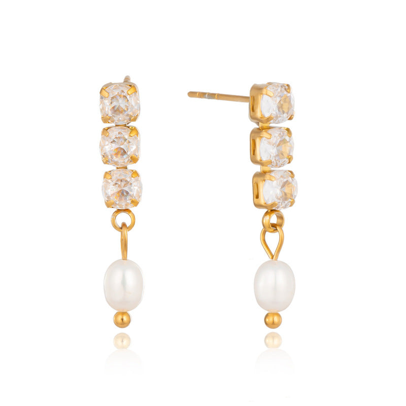 Zircon And Natural Pearl Pendant Earrings