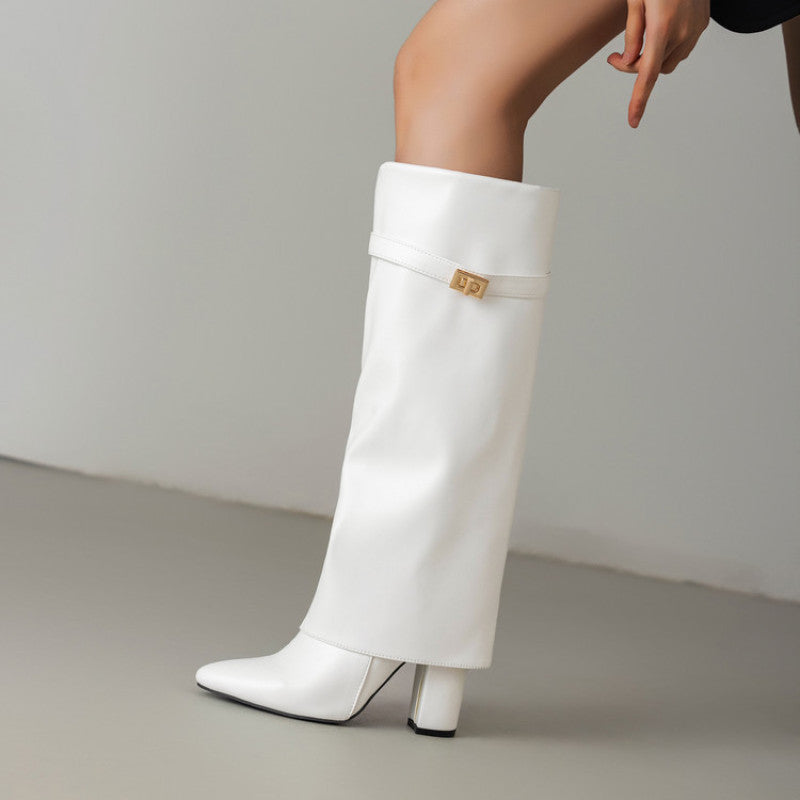 Womens Pointed-toe High-shaft Straight-leg Mid-calf Boots With Metal Buckles