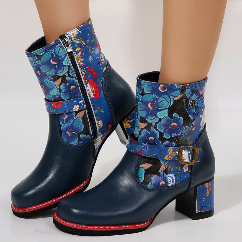 Women's Printed Stitching Round Head Thick Bottom Bootie