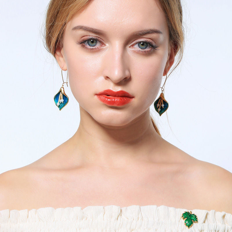 Vintage Flower Enamel Glaze Pearl Orchid Earrings