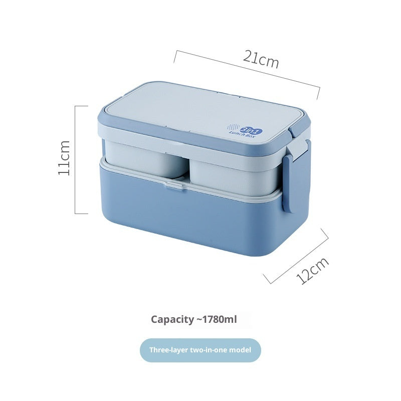 Bamboo Fiber Blue Double-layer 3-in-1 Lunch Box, Heatable Japanese Bento Box