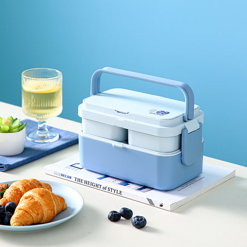 Bamboo Fiber Blue Double-layer 3-in-1 Lunch Box, Heatable Japanese Bento Box