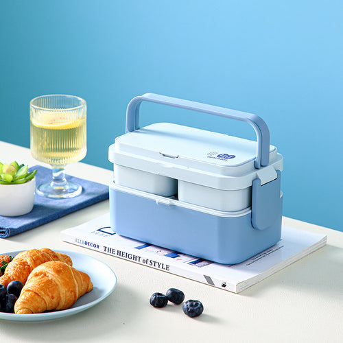Bamboo Fiber Blue Double-layer 3-in-1 Lunch Box, Heatable Japanese Bento Box