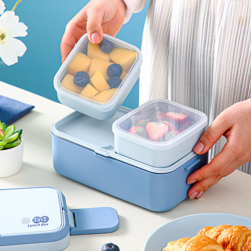 Bamboo Fiber Blue Double-layer 3-in-1 Lunch Box, Heatable Japanese Bento Box