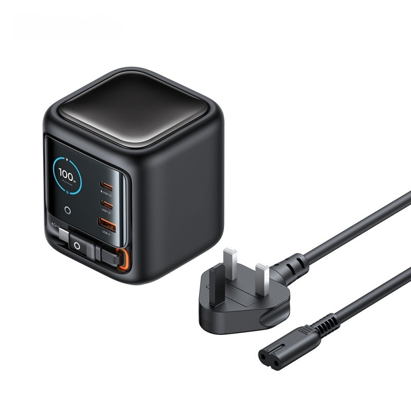 100W GaN Multi-Port Charger with Built-in Retractable Type-C Cable - AI Smart Display UK EU Plug Adapter Fast Charging for Laptop Phone Tablet Travel