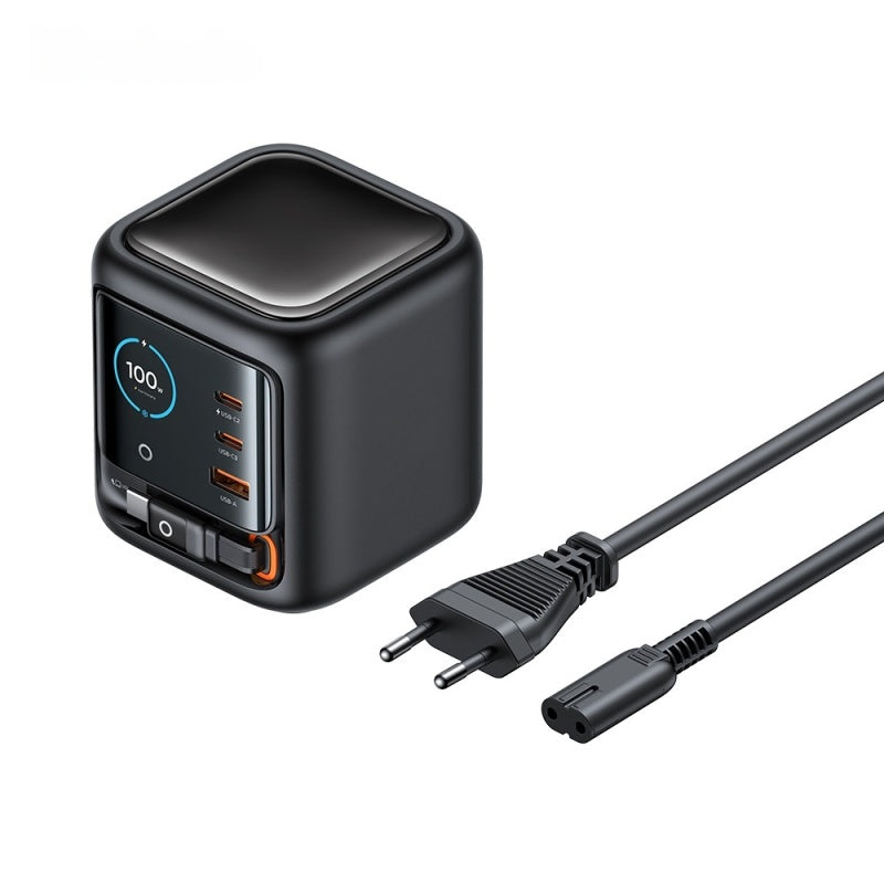 100W GaN Multi-Port Charger with Built-in Retractable Type-C Cable - AI Smart Display UK EU Plug Adapter Fast Charging for Laptop Phone Tablet Travel