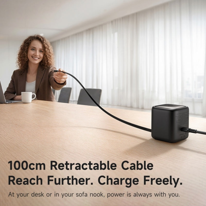 100W GaN Multi-Port Charger with Built-in Retractable Type-C Cable - AI Smart Display UK EU Plug Adapter Fast Charging for Laptop Phone Tablet Travel