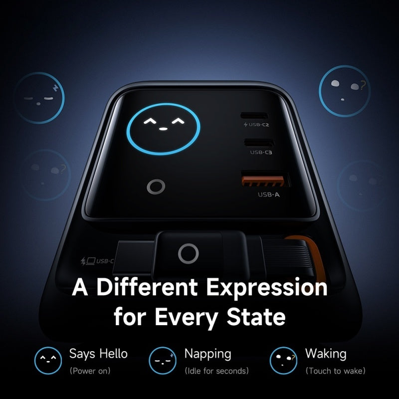 100W GaN Multi-Port Charger with Built-in Retractable Type-C Cable - AI Smart Display UK EU Plug Adapter Fast Charging for Laptop Phone Tablet Travel