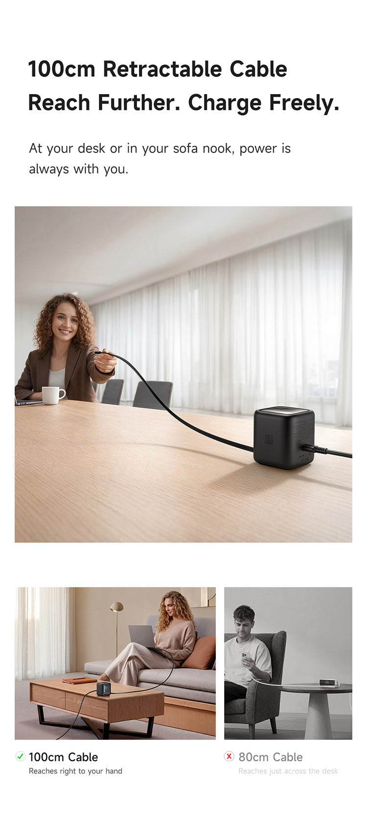 100W GaN Multi-Port Charger with Built-in Retractable Type-C Cable - AI Smart Display UK EU Plug Adapter Fast Charging for Laptop Phone Tablet Travel