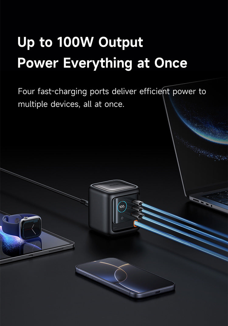 100W GaN Multi-Port Charger with Built-in Retractable Type-C Cable - AI Smart Display UK EU Plug Adapter Fast Charging for Laptop Phone Tablet Travel